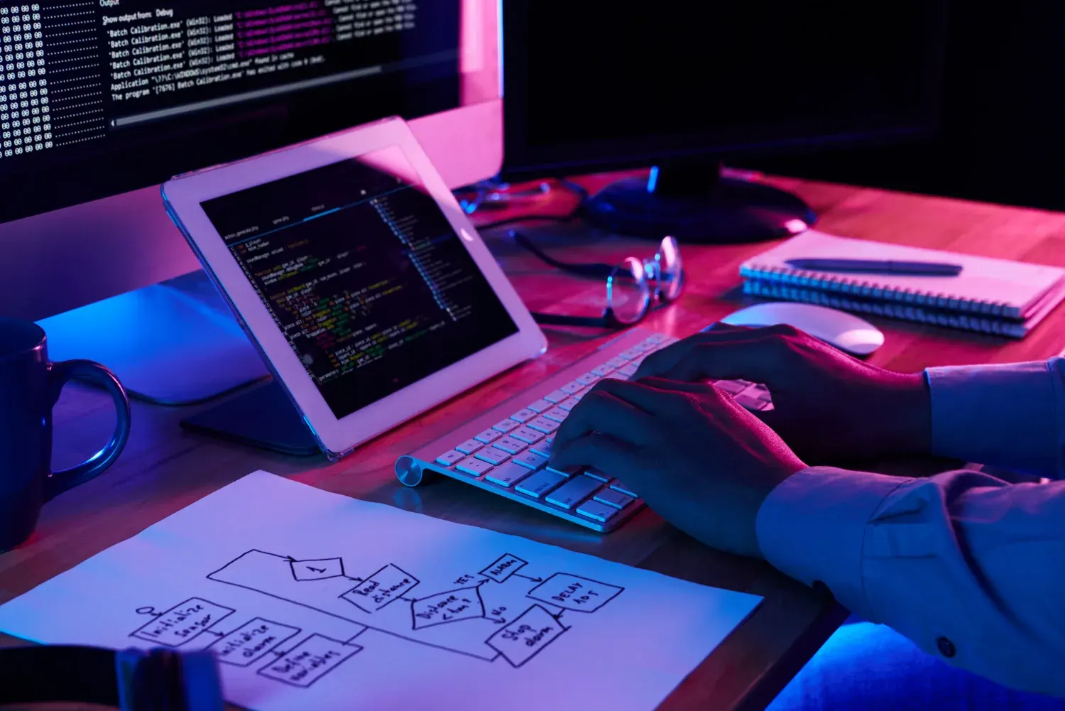 Programista przy biurku — kod na tablecie i monitorze, obok odręczny schemat działania serwisu