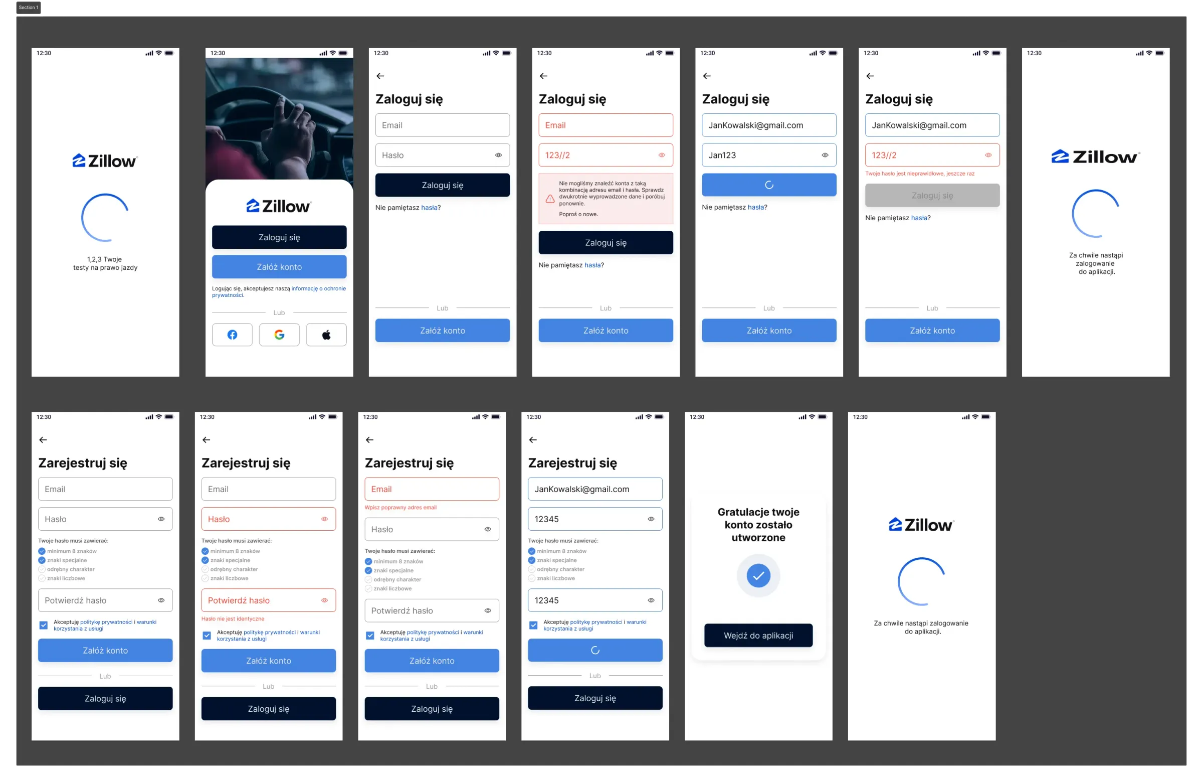 App login and sign-up screens — email, password, error messages and account confirmation