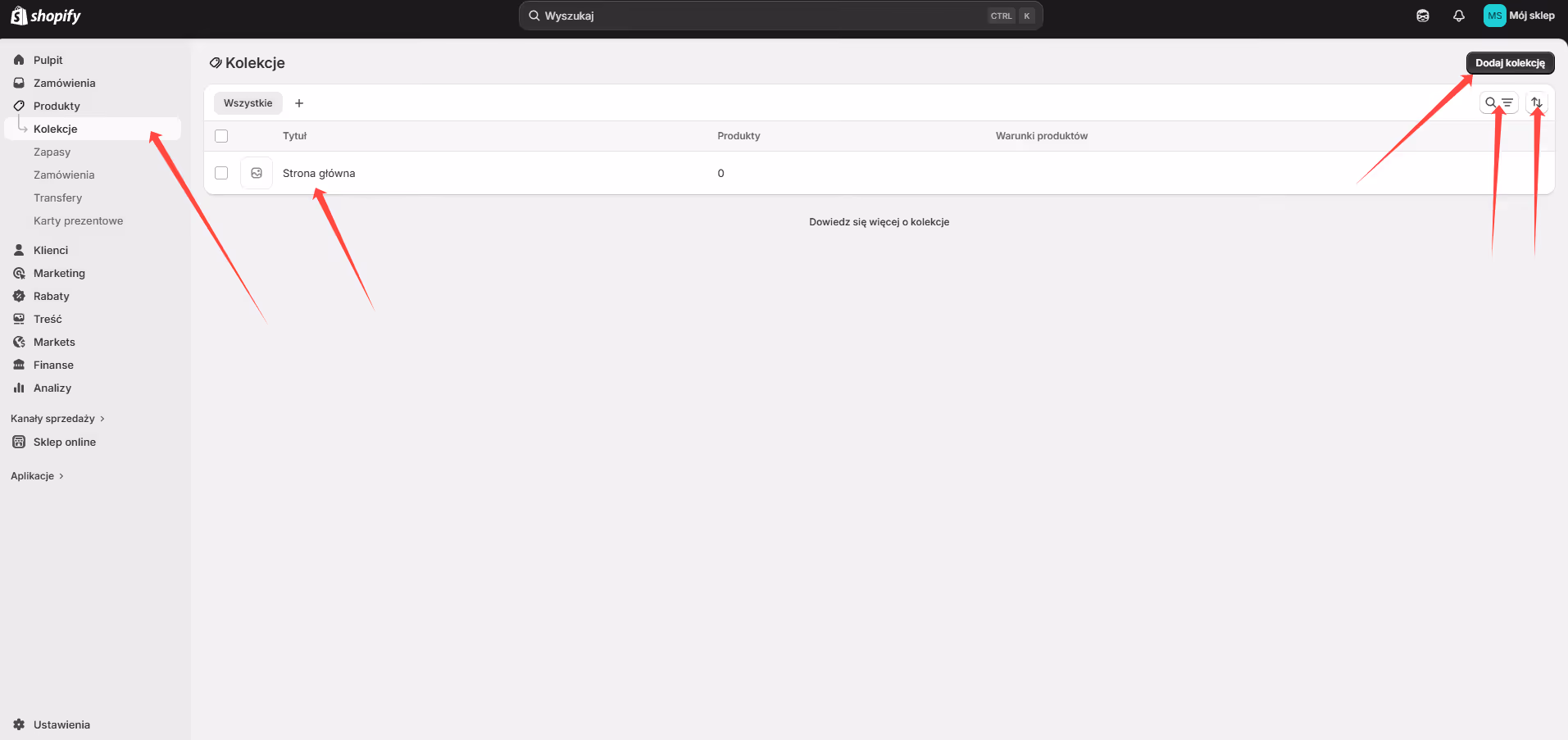 Shopify admin showing the Collections section with a list of collections and search, filter and add buttons.