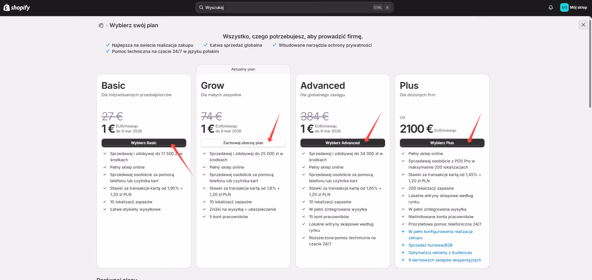 Comparison of Shopify subscription plans: Basic, Grow, Advanced and Plus.